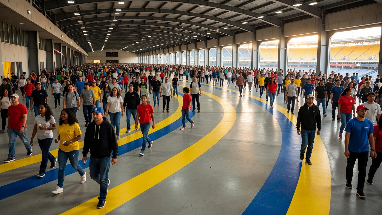 Spectators following a marked concourse route inside a stadium