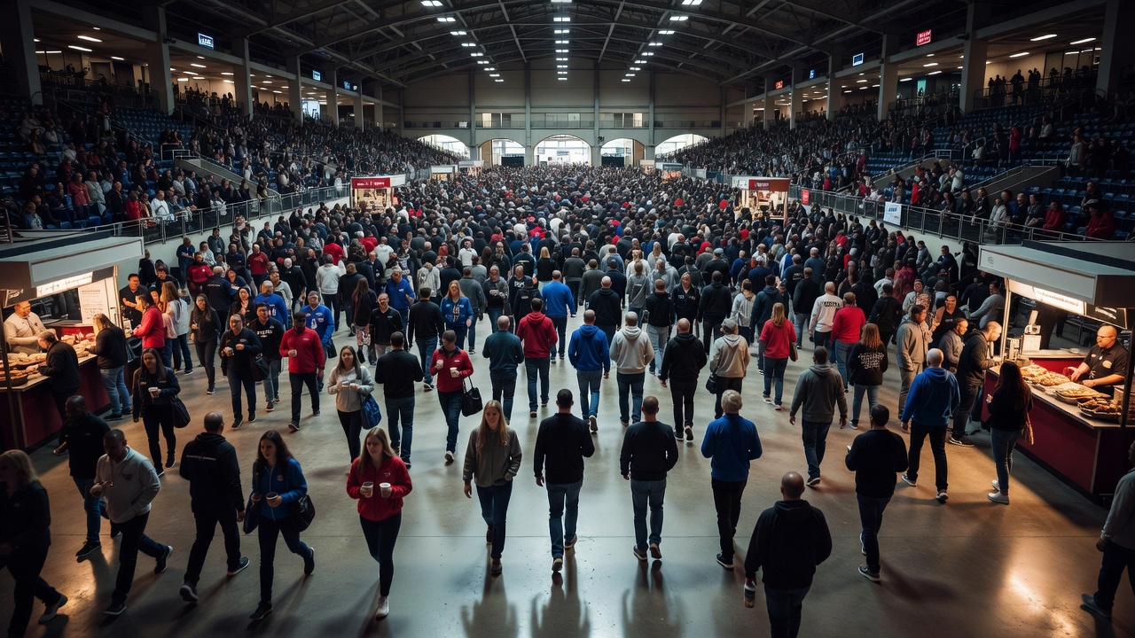 Spectators moving through a stadium concourse before an event