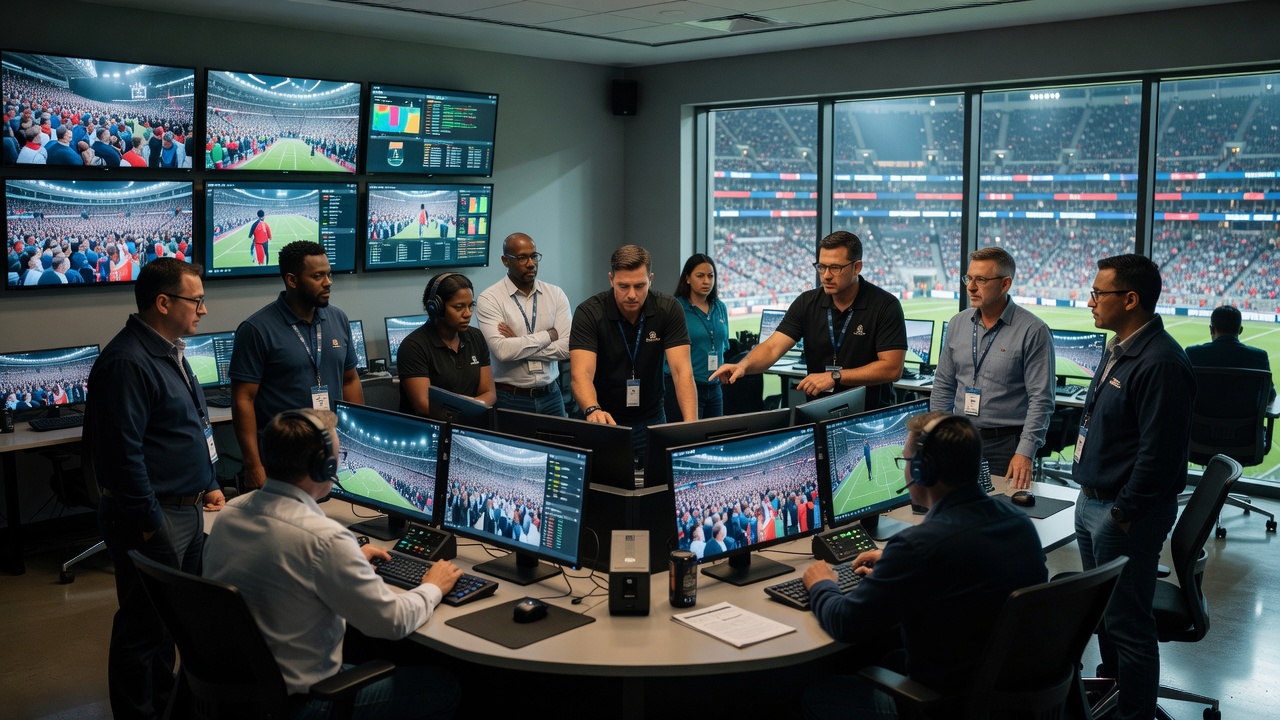Event operations staff reviewing information in a stadium control room