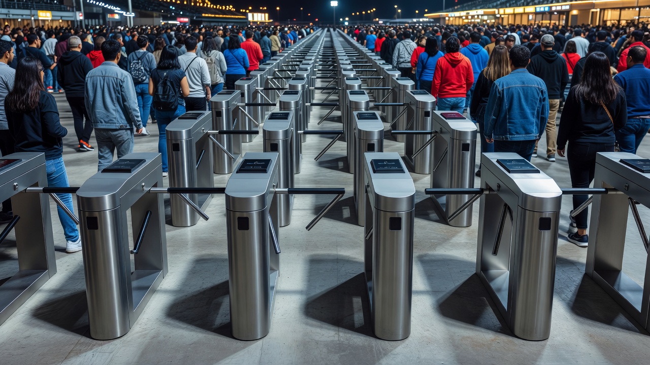 Rows of stadium turnstiles at an event entrance